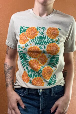 Marigold Meadow Handcrafted Floral T-Shirt with Vibrant Screen Print