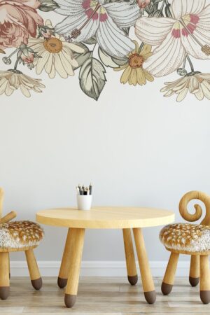 CAMILA Slim Wall Decal Border Vintage Floral Nursery with Removable Roses, Hibiscus, and Peonies