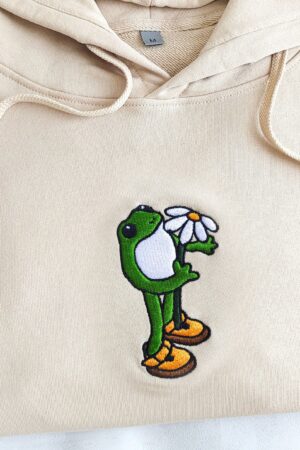 Embroidered Frog Hoodie A Hoppy and Floral Delight for Nature Enthusiasts