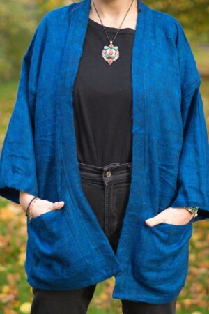 COBALT BLUE Yak Wool Kimono Embrace Warmth and Style in a Unisex Hippie Boho Robe from Nepal