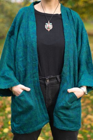 Pristine Pine Green Yak Wool Kimono Embrace Warmth and Style in a Cozy Winter Haori