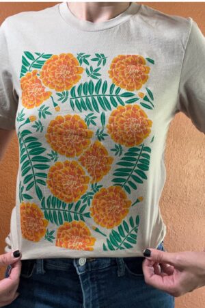 Marigold Meadow Handcrafted Floral T-Shirt with Vibrant Screen Print