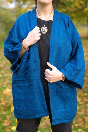 COBALT BLUE Yak Wool Kimono Embrace Warmth and Style in a Unisex Hippie Boho Robe from Nepal