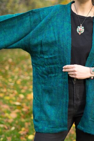 Pristine Pine Green Yak Wool Kimono Embrace Warmth and Style in a Cozy Winter Haori