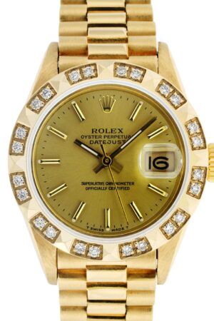 Rolex Lady Datejust President 26MM Champagne Index Dial Diamond Pyramid Watch with Quickset and Rolex Box