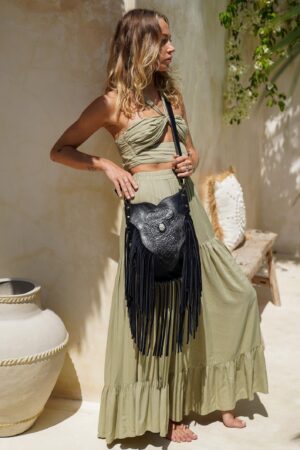 Exquisite Black Bohemian Leather Purse Intricate Carvings, Fringe Accents, and Crossbody Convenience