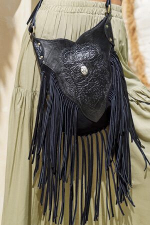 Exquisite Black Bohemian Leather Purse Intricate Carvings, Fringe Accents, and Crossbody Convenience