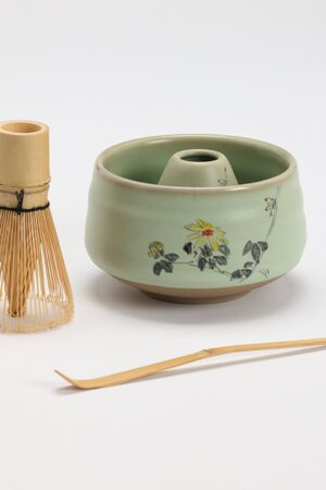 Exquisite Hand-Painted Flower Ceramic Chawan with Bamboo Whisk and Chasen Holder A Tea Ceremony Masterpiece