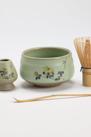 Exquisite Hand-Painted Flower Ceramic Chawan with Bamboo Whisk and Chasen Holder A Tea Ceremony Masterpiece