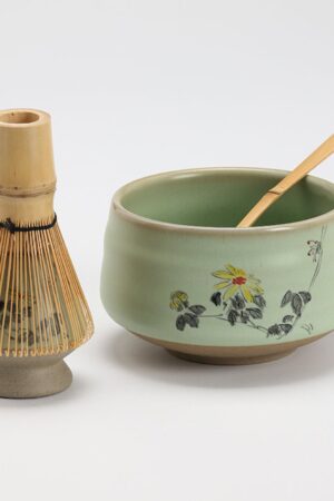 Exquisite Hand-Painted Flower Ceramic Chawan with Bamboo Whisk and Chasen Holder A Tea Ceremony Masterpiece