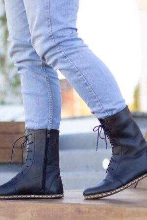 Barefoot Black Leather Boots Grounding Copper Rivets for Earthing