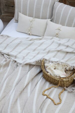 Cozy Haven Muslin Cotton Striped Blanket, Linen Bedding Set for Boho Chic Living