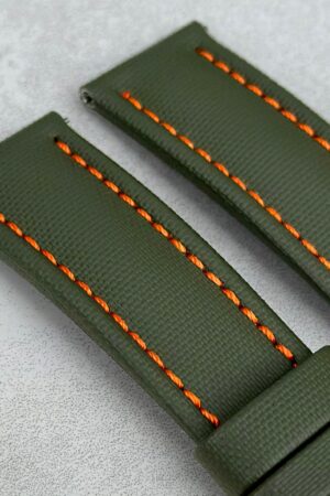 Khaki Green Sailcloth Watch Strap with Vibrant Orange Stitching Padded Comfort, Leather Backing, Quick Release