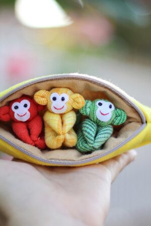 Adorable Trio of Monkeys in a Banana Zip Purse Handmade Organic Plush Toys for Home Decor or Children's Gifts