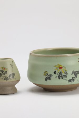 Exquisite Hand-Painted Flower Ceramic Chawan with Bamboo Whisk and Chasen Holder A Tea Ceremony Masterpiece