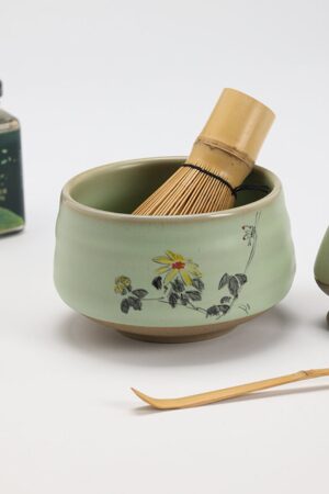 Exquisite Hand-Painted Flower Ceramic Chawan with Bamboo Whisk and Chasen Holder A Tea Ceremony Masterpiece