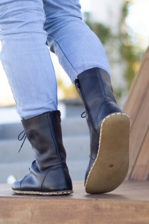 Barefoot Black Leather Boots Grounding Copper Rivets for Earthing