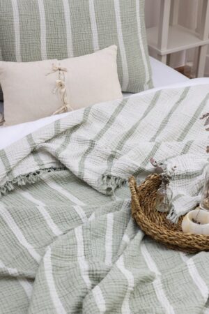 Cozy Haven Muslin Cotton Striped Blanket, Linen Bedding Set for Boho Chic Living