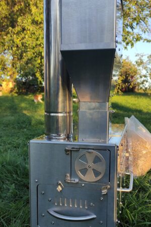 Gravity Feed Pellet Stove Outdoor Camping and Small Space Heating Solution with Oven and Cooktop