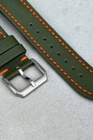 Khaki Green Sailcloth Watch Strap with Vibrant Orange Stitching Padded Comfort, Leather Backing, Quick Release