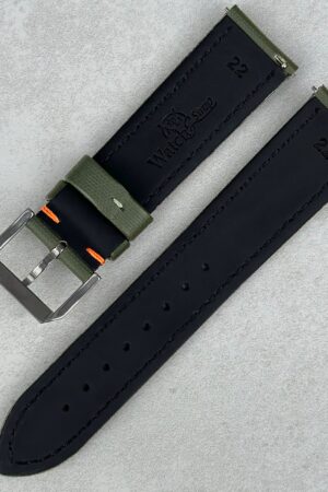 Khaki Green Sailcloth Watch Strap with Vibrant Orange Stitching Padded Comfort, Leather Backing, Quick Release