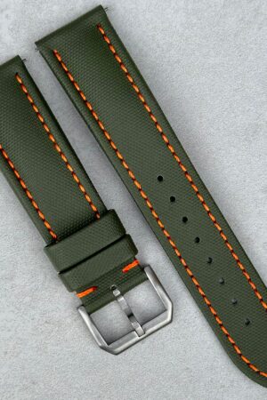 Khaki Green Sailcloth Watch Strap with Vibrant Orange Stitching Padded Comfort, Leather Backing, Quick Release