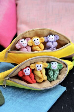 Adorable Trio of Monkeys in a Banana Zip Purse Handmade Organic Plush Toys for Home Decor or Children's Gifts