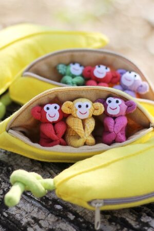 Adorable Trio of Monkeys in a Banana Zip Purse Handmade Organic Plush Toys for Home Decor or Children's Gifts