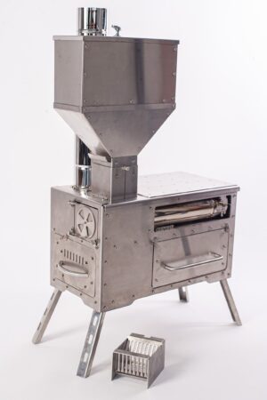 Gravity Feed Pellet Stove Outdoor Camping and Small Space Heating Solution with Oven and Cooktop