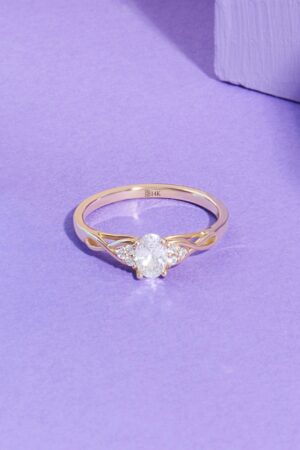 14k Gold Engagement Ring Minimalist Oval Solitaire with Simulated Diamond