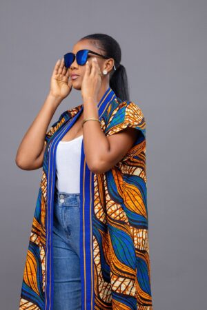 Vibrant Ankara Kimono Embrace African Elegance in Orange and Blue