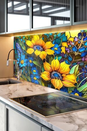 Sunflower Symphony Heat-Resistant Tempered Glass Backsplash for a Radiant Kitchen