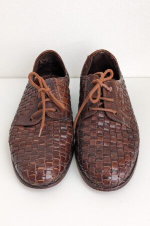 Vintage Woven Derby Shoes Italian Brown Leather Oxford Lace-Ups for Men (Size 8)