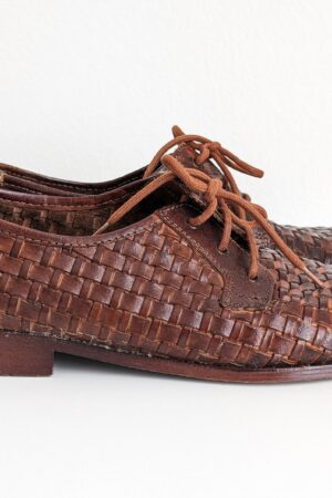 Vintage Woven Derby Shoes Italian Brown Leather Oxford Lace-Ups for Men (Size 8)