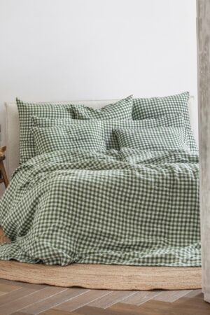 Forest Green Gingham Linen Pillowcase Farmhouse Charm for a Cozy Night's Sleep