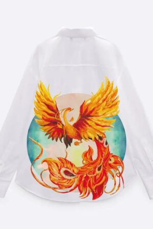 Phoenix-Embroidered Oversized White Cotton Shirt Elevate Your Office Style