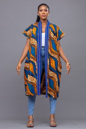 Vibrant Ankara Kimono Embrace African Elegance in Orange and Blue