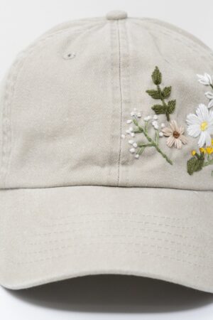 Hand Embroidered Floral Baseball Cap Botanical Garden Blooms on 100% Cotton