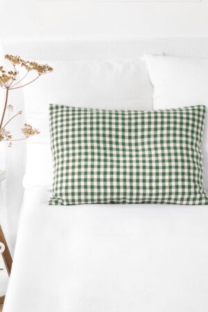 Forest Green Gingham Linen Pillowcase Farmhouse Charm for a Cozy Night's Sleep