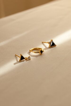 Caitlyn Minimalist Black Gemstone Triangle Earring Set Pave Diamond Hoop, Stud Earring