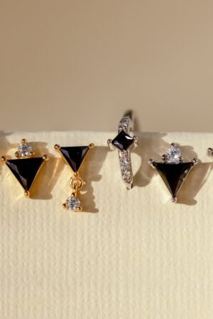 Caitlyn Minimalist Black Gemstone Triangle Earring Set Pave Diamond Hoop, Stud Earring