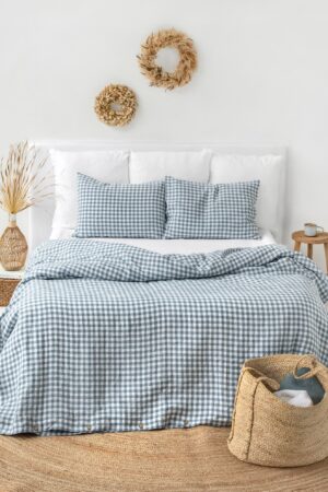 Cozy Linen Pillowcase Elevate Your Farmhouse Bedding with Gray Blue Gingham