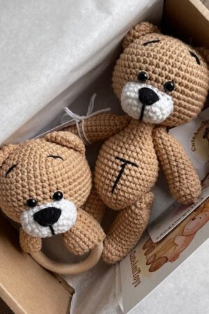 Personalized Crochet Teddy Bear and Rattle A Cherished Keepsake for Baby's Journey