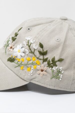 Hand Embroidered Floral Baseball Cap Botanical Garden Blooms on 100% Cotton