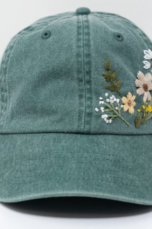 Hand Embroidered Floral Baseball Cap Botanical Garden Blooms on 100% Cotton