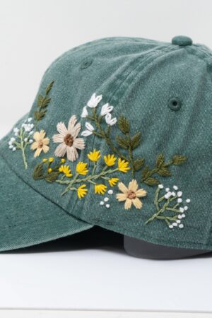 Hand Embroidered Floral Baseball Cap Botanical Garden Blooms on 100% Cotton