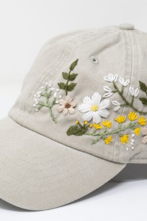 Hand Embroidered Floral Baseball Cap Botanical Garden Blooms on 100% Cotton