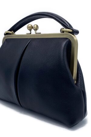 Timeless Elegance Black Leather Handbag with Kiss Lock Charm