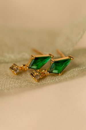 Emerald Kite Stud Earrings Minimalist Gemstone Drops with Diamond Charm