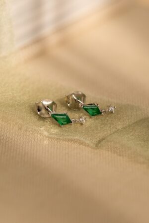 Emerald Kite Stud Earrings Minimalist Gemstone Drops with Diamond Charm